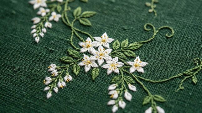 White delicate flower embroidery on deep green linen fabric showing intricate needlework detail for elegant textile design art.