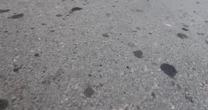 Grey asphalt with dark oil stains, dry asphalt road surface is contaminated with drops of machine oil and technical fluid, construction