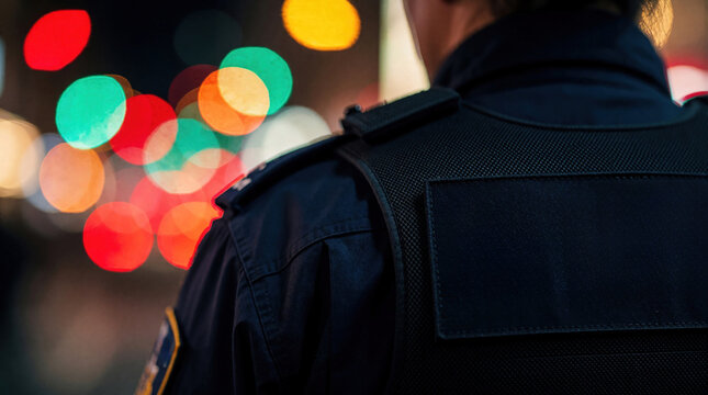 Close up view of police officer uniform back. Dark blue tactical vest with patches on duty at night. Blurred city lights, colorful bokeh in urban background. Law enforcement agent stands ready for