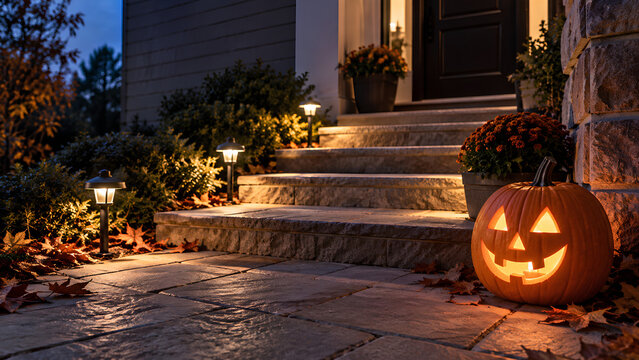 Glowing Jack O Lantern Beside Illuminated Porch Steps