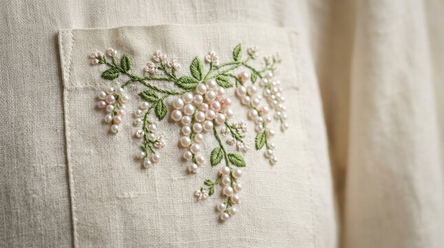 Delicate white pearl beaded embroidery on natural linen cloth featuring elegant floral accents for high end fashion garment art.