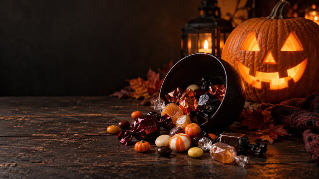 Halloween Candy Spilling from Bucket Beside Jack O Lantern