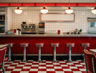 Fototapeta premium Empty retro diner counter with red stools and checkered floor. Coffee machine and soda dispensers ready for customers. Classic American eatery interior design.