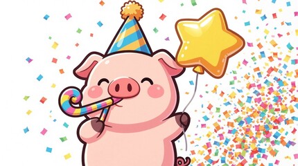 Naklejka premium Cute pig character with party hat, blows party horn, holds star balloon, confetti flies. Joyful animal illustration for birthdays, celebrations, and fun events, happy and festive.