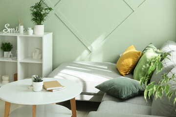 Interior design and home comfort, cozy living room with modern sofa and green wall decor for...