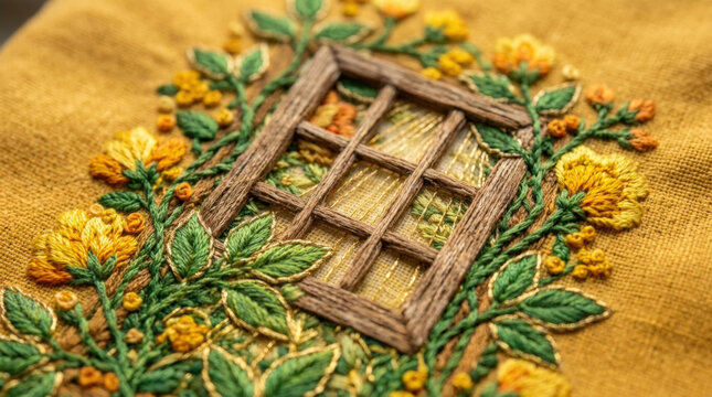 Detailed window frame embroidery surrounded by vibrant yellow flowers and green leaves makes enchanting design on mustard fabric.