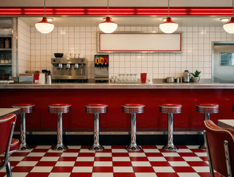 Empty retro diner counter with red stools and checkered floor. Coffee machine and soda dispensers ready for customers. Classic American eatery interior design.