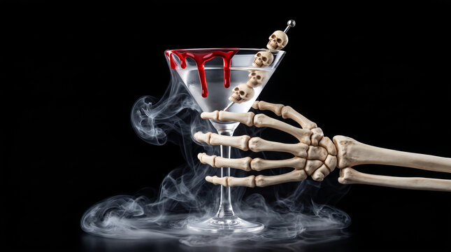 Vampire blood drinking Halloween skeleton hand holds cocktail glass with skull garnish and smoke. Horror fear evil dracula monster. dark gothic fantasy mystery night, elegant wine party