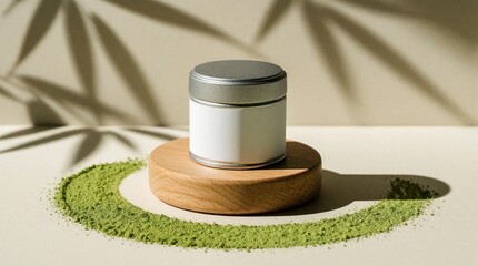 Obraz premium Silver matcha tin sits on wooden pedestal, surrounded by bright green matcha powder. Bamboo leaf shadows cast on plain background, creating minimalist, natural aesthetic for product display branding.