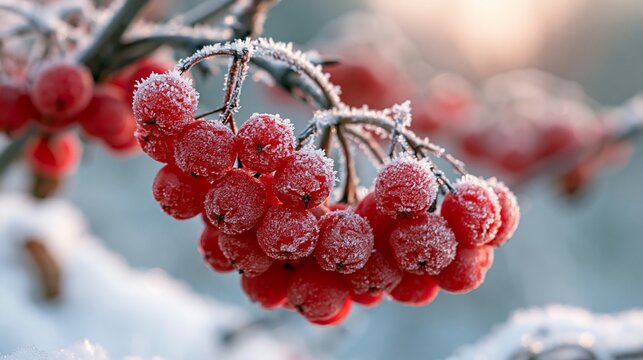 a cluster of bright red berries covered in frost. The berries are clustered together on a branch, and the frost glistens in the light, creating a shimmering effect. The background is blurred.