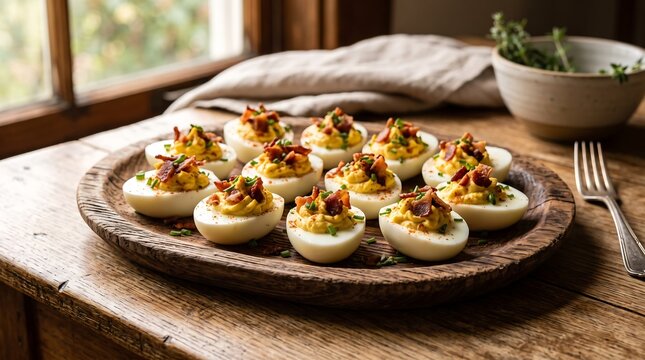Gourmet deviled eggs with crispy bacon and fresh chives set.