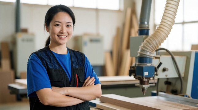 Asian woman carpenter in blue shirt and vest smiles in workshop. She stands confidently with arms crossed next to woodworking machine. Focused female artisan works with wood.
