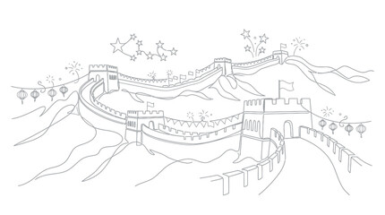 Obraz premium Continuous Line Art Illustration of Ancient Fortification Wall with Lanterns and Fireworks