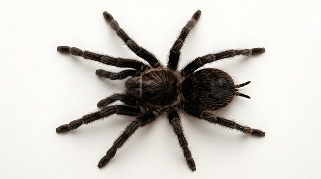 Close-up of a black tarantula spider on a white background