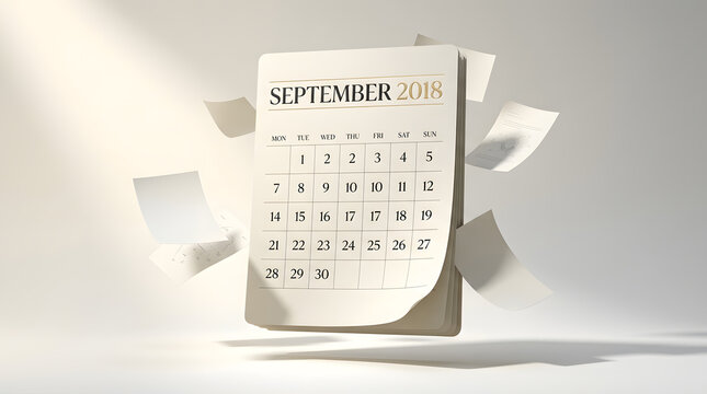 Floating calendar pages turning with September 2018 date highlighted