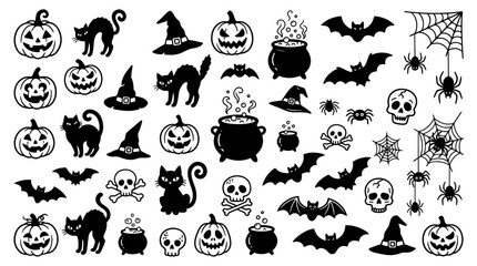 Obraz premium Spooky Halloween black silhouettes icons set with pumpkins, cats, bats, skulls, and witches cauldrons for design
