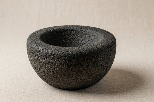 Traditional Indonesian cobek stone mortar sits on plain beige fabric. Heavy black volcanic rock bowl used for grinding spices, making sambal. Authentic handmade kitchen utensil for manual food prep