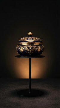 Gilded ceramic pillbox on black plinth with warm uplighting and high-resolution detail