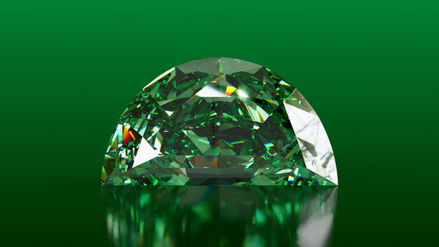 Brilliant emerald green half-moon diamond with radiant facets and reflections on a luxurious green background.