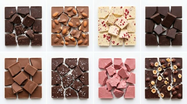 Grid 8 Chocolate Bar Varieties Broken Pieces White Background 4x2 Layout

