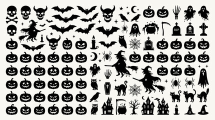 Obraz premium Large collection of black Halloween vector icons including pumpkins, ghosts, witches, and skulls for spooky designs