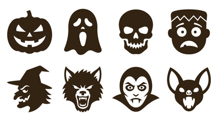 Obraz premium Set of Halloween monster icons including pumpkin, ghost, skull, frankenstein, witch, werewolf, vampire, and bat silhouettes on a white background