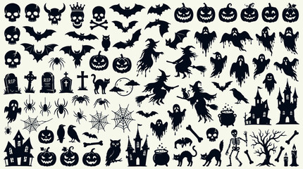 Obraz premium Halloween holiday elements and spooky icons vector set with bats, witches, ghosts, and haunted houses
