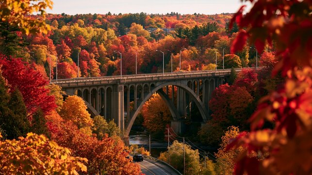 a multitiered stone bridge spanning a winding road. The bridge features arches and pillars, and is surrounded by a dense forest of trees displaying a spectrum of colors red, orange, yellow, and green.