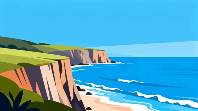 Bright blue sky meets turquoise sea with gentle waves. Green cliffs rise beside sandy shore, softly sloped. Bold, stylized cliffs show warm earth tones and grassy top. No people or animals present