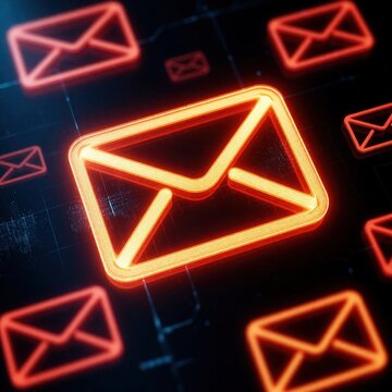 Cyber attack simulation shows phishing email threats in digital workspace. Glowing orange envelope icons float in virtual cyber environment. Infographic concept illustrates security risks, data