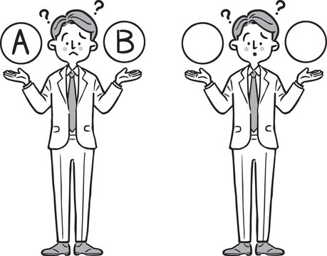 選択を悩むビジネスマン　全身　ベクター（モノクロ）