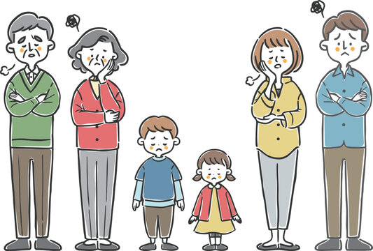 落ち込む家族三世帯　全身　ベクター