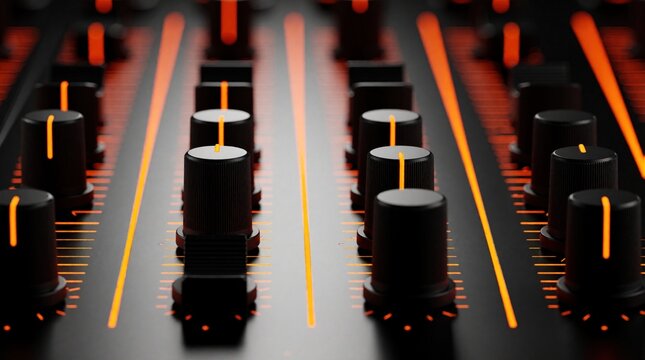 DJ sound mixer control panel with glowing orange faders and knobs. Equipment for audio mixing and music production in a modern studio setting. Focus on electronic sound creation.