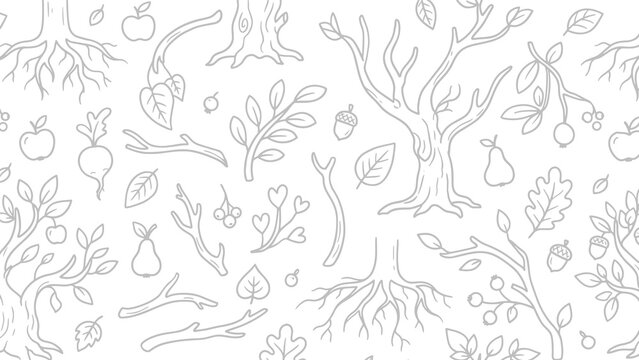 Hand drawn tree parts pattern with roots trunks branches and leaves in grey outline