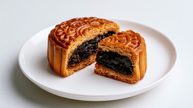 a traditional Chinese mooncake on a white plate. The mooncake is goldenbrown in color and has intricate, carved patterns on its surface. It is cut in half, revealing a rich.