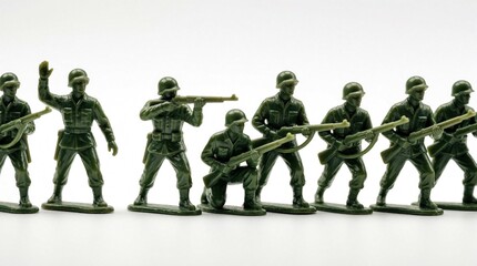 Obraz premium Line up plastic toy soldiers display various military poses and actions. Figures hold rifles engage in combat training or march formation. Group set for play reenactment or educational concept.