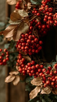 a cluster of bright red berries and brown leaves. The berries are clustered together, with some overlapping each other. The leaves have a textured appearance, with varying shades of brown and green.