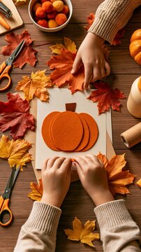 a childs hands carefully craft a pumpkin on a piece of paper surrounded by autumn leaves. The child wears a beige knitted sweater, and their fingers are delicately placed on the paper. Scissors.