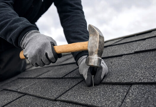Person Using Hammer to Secure Roofing Shingles on House