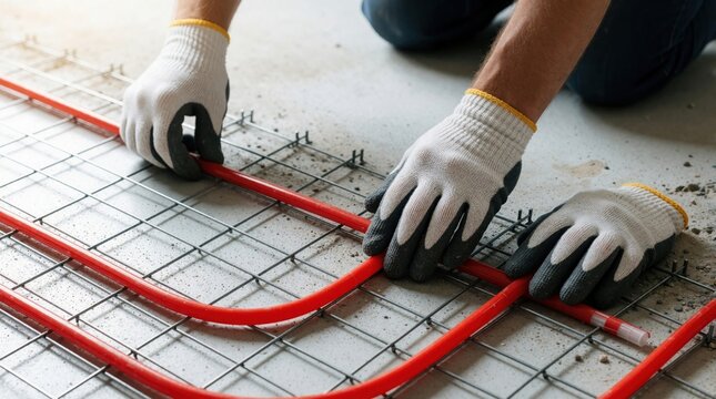 Worker installs red underfloor heating pipes on wire mesh grid. Close up of hands laying heating system for comfort and energy efficiency in home renovation.
