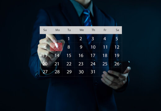 business professional typing on a laptop with a digital calendar overlay, representing schedule planning, time management, appointment tracking, efficient workflow organization in a modern workspace.