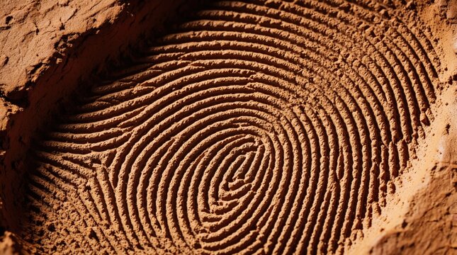 Close up macro shot of a fingerprint pattern impressed into reddish brown clay. The detailed lines and textured surface show a unique human identity and natural form.