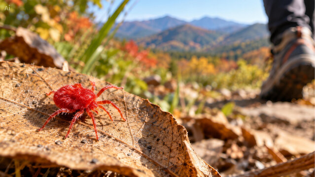 Red chigger mite on fallen leaf during autumn hiking season
