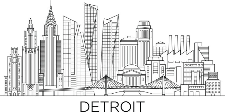 Detroit Michigan City Skyline Line Art Illustration with Modern Skyscrapers Bridge and Urban Architecture