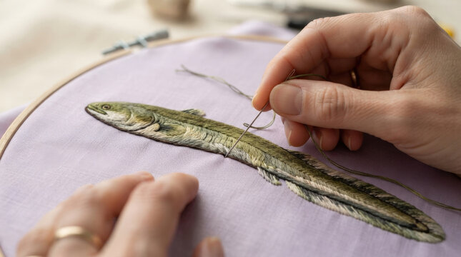 Handcrafted eel embroidery light purple linen fabric background textile art detailed needlework hobbyist project manual craft.