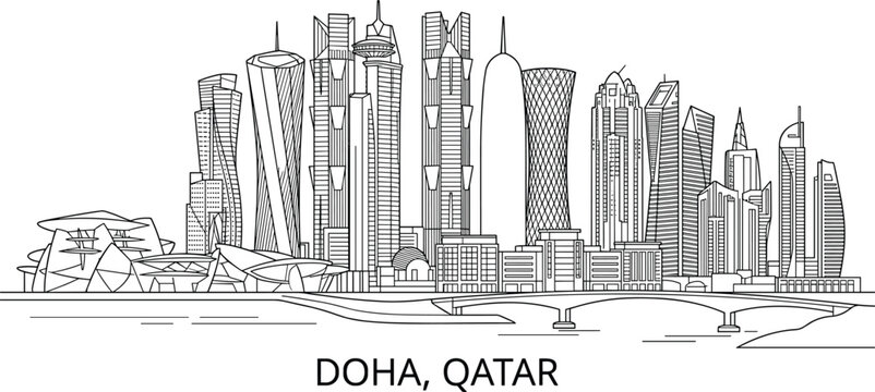 Doha Qatar City Skyline Line Art Illustration with Modern Skyscrapers Waterfront and Contemporary Architecture