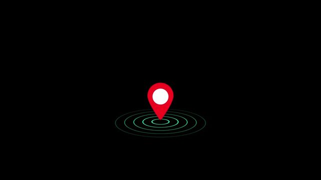 Animated map location pin with pulsing radar signal effect on black background, navigation