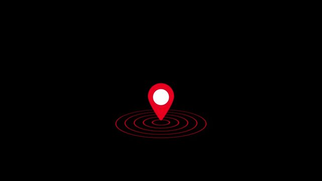 Red map location pin with pulsing radar circles animation on black background, navigation