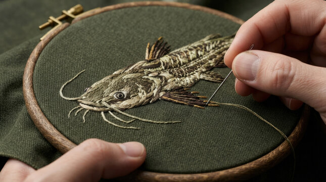Intricate catfish embroidery with brown and tan textured stitches on forest green cloth acts as unique patch for fishing gear.