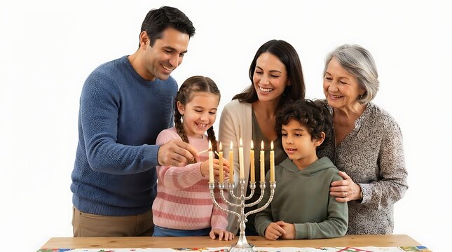 Multigenerational family lighting candles on a silver menorah together
